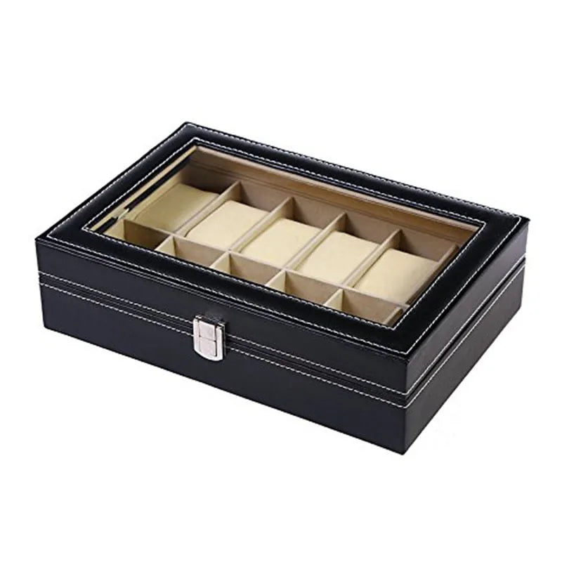 3 6 12 Slot Men Watch Display Case PU Leather Organizer Box Black