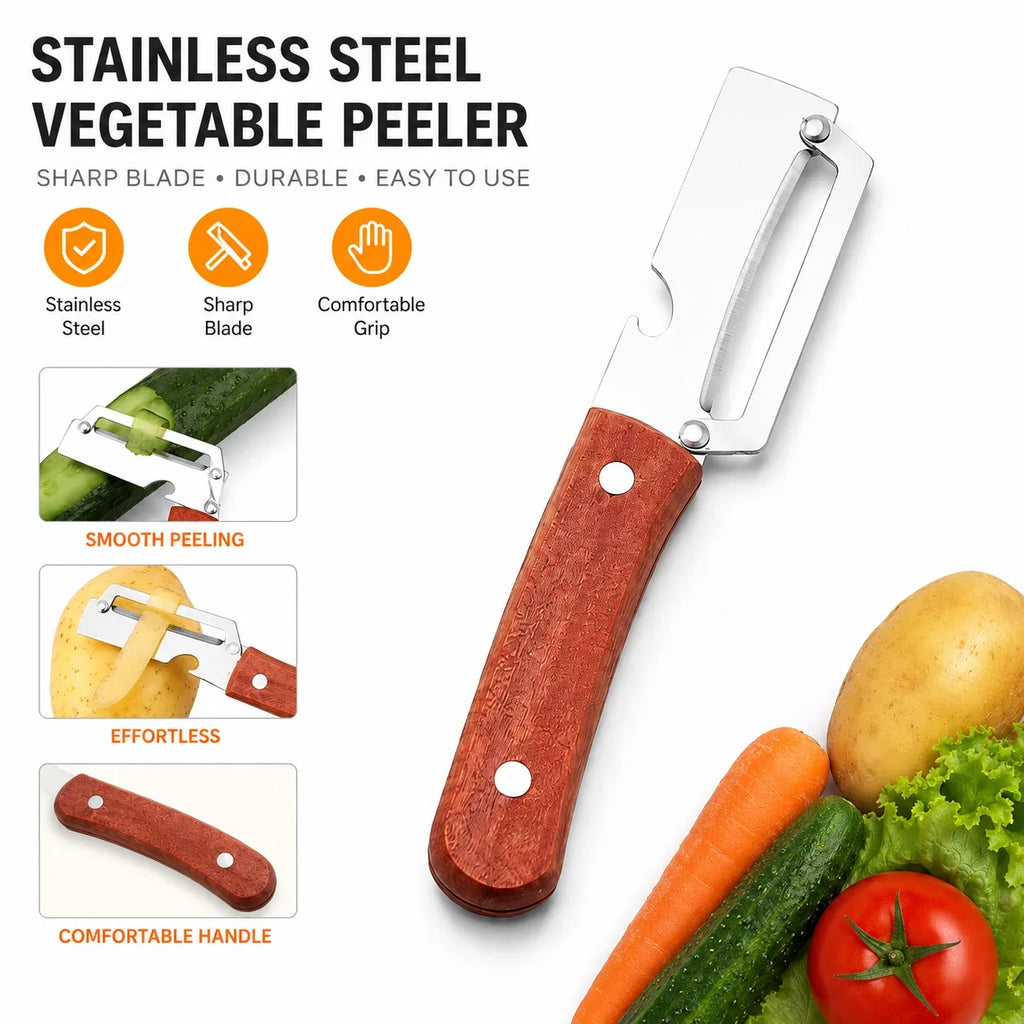 Stainless Steel Vegetable Peeler with Wooden Handle & Bottle Opener