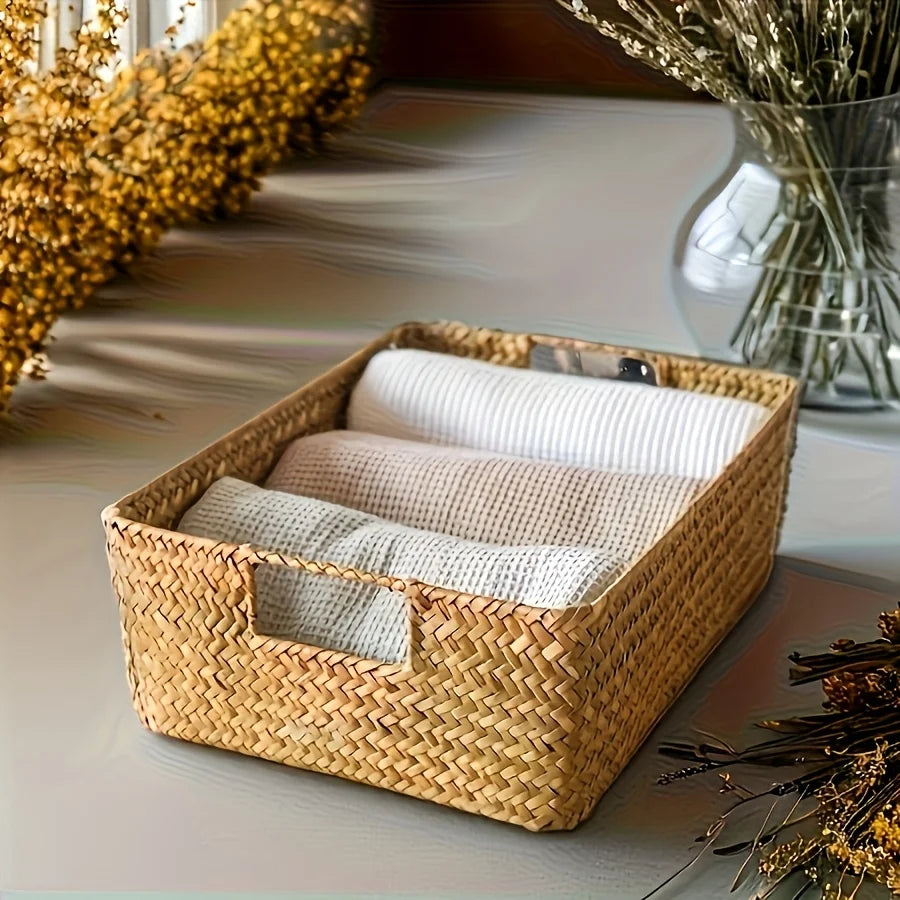Handwoven Rattan Basket Rectangular Storage Organizer Bathroom
