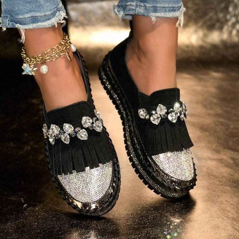 Women's Rhinestone Cow Suede Loafers – Flat Slip-On Shoes