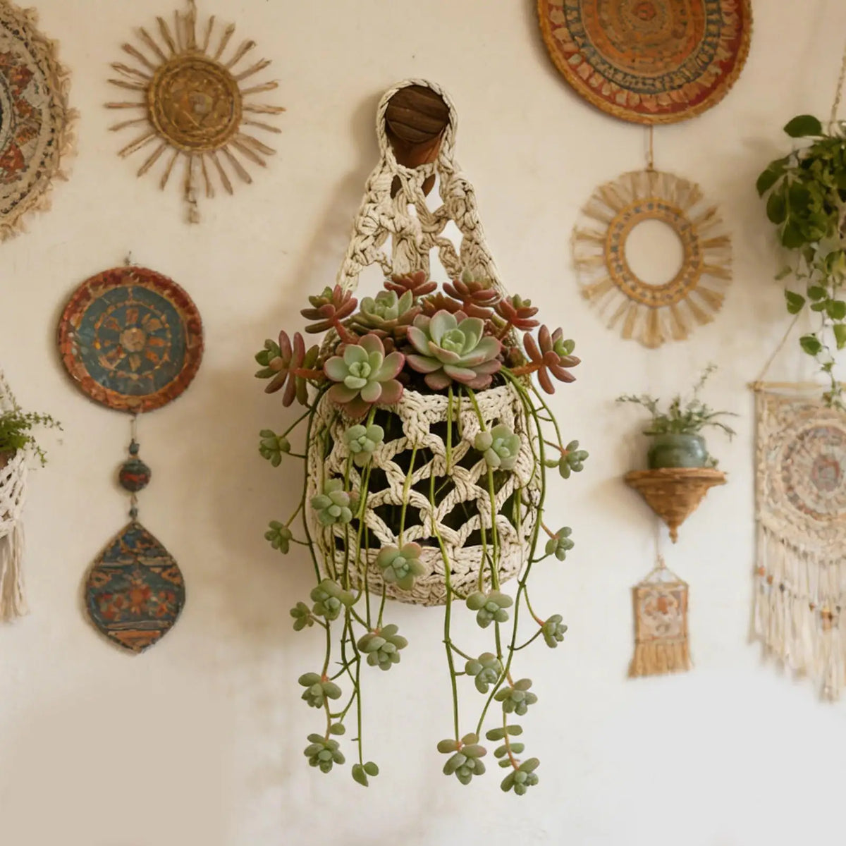 Boho Macrame Plant Hanger | Cotton Woven Wall Basket