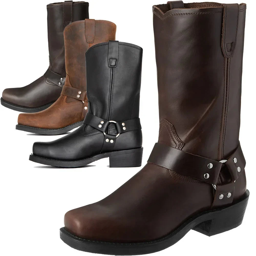 Men's Retro Western Cowboy Boots Mid-Calf PU Leather Sizes 39–48