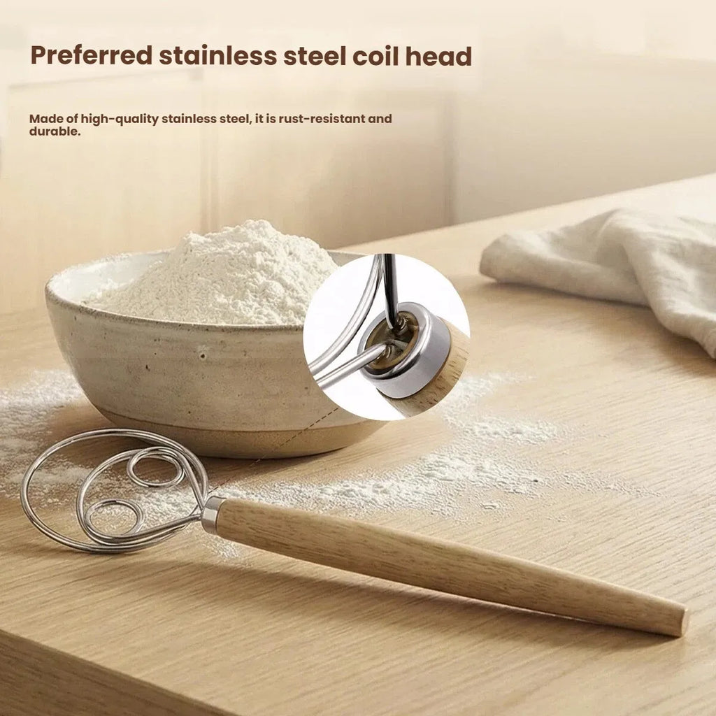 Danish Dough Whisk – Stainless Steel & Oak Wood Handle 13"