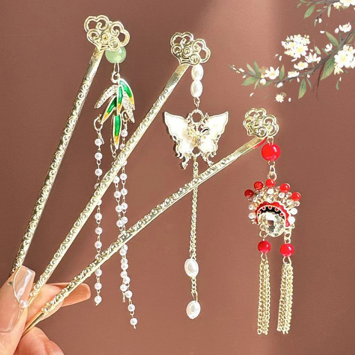 Metal Butterfly Hair Sticks with Pearl Tassel | Hanfu Style