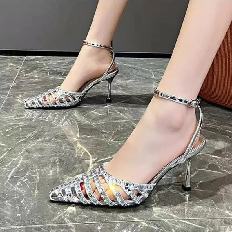 Women's Rhinestone Stiletto Sandals – French Cut-Out High Heels