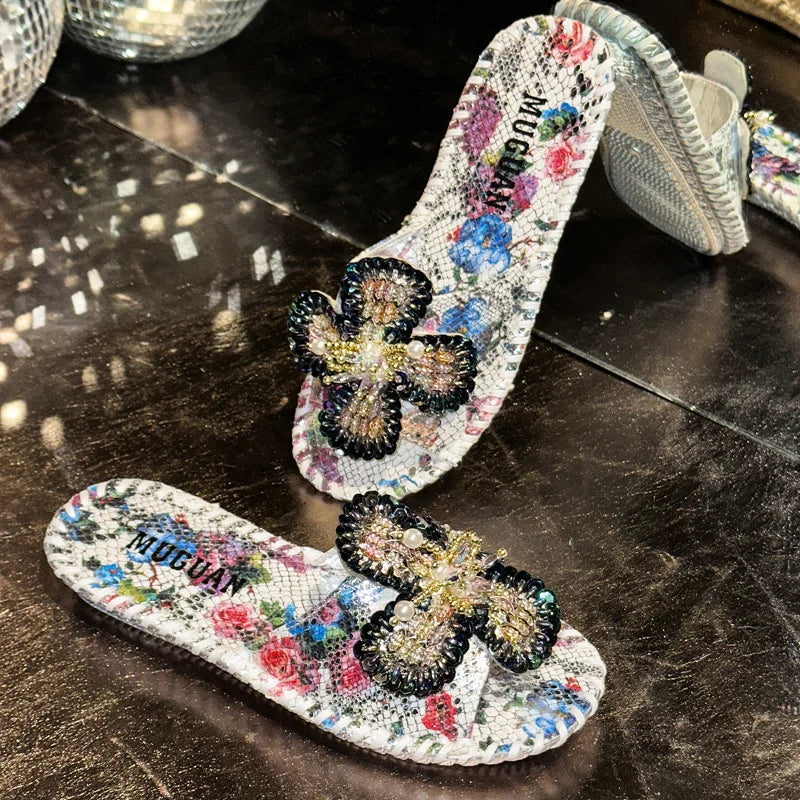 UXST Women Platform Slippers – Pearl Flower Printed Leather