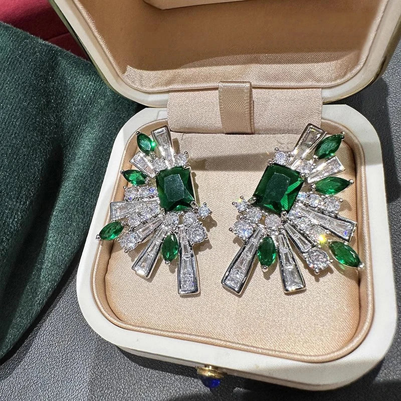 Huitan Green Cubic Zirconia Stud Earrings | CZ Geometric Studs