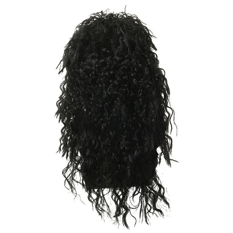 Men's Long Curly Black Wig – Fluffy Synthetic Cosplay Party Wig