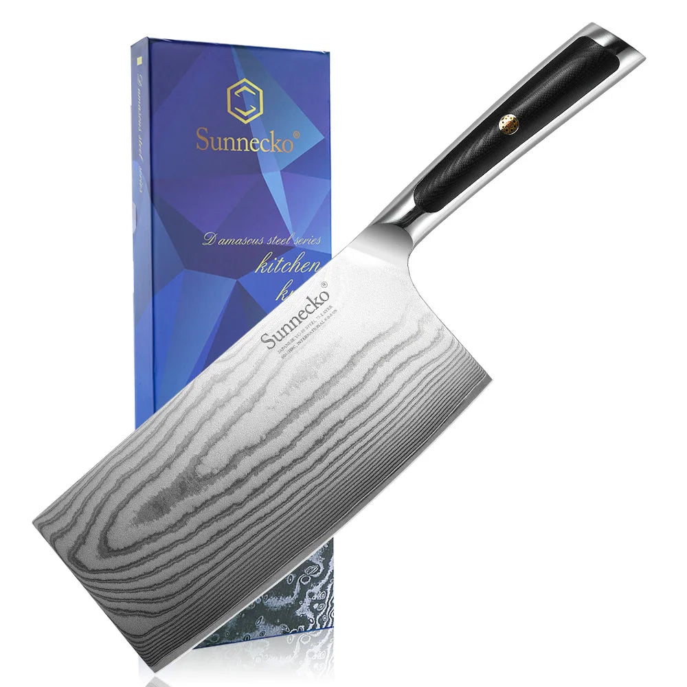 Sunnecko 7" VG10 Damascus Steel Cleaver Knife – G10 Handle