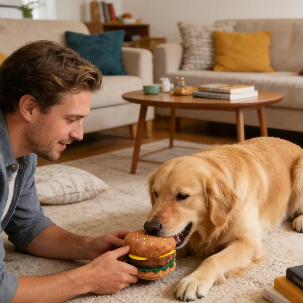 Squeaky Hamburger Dog Chew Toy – Soft Plush Puppy Teether