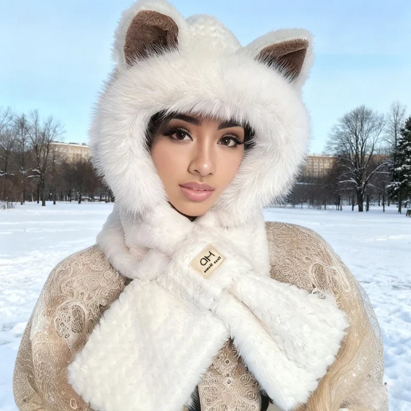 Kawaii Cat Ears Beanie Pom-pom Women's Winter Hat Furry Collar