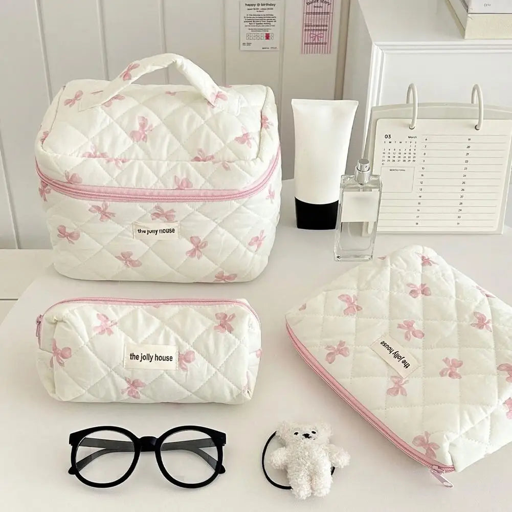 Quilted Floral Makeup Bag Set – 3 Sizes Travel Cosmetic Pouch