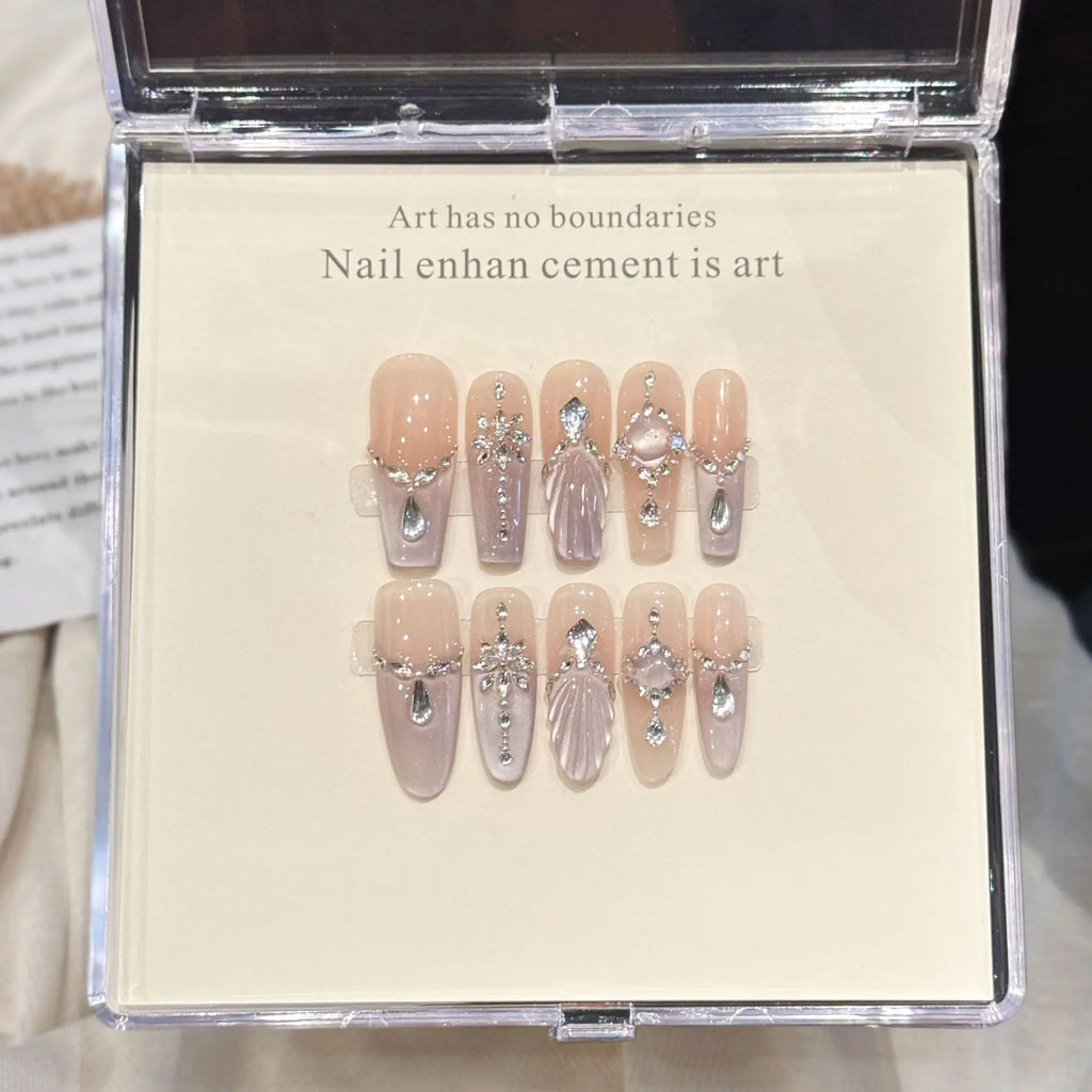 Crystal Fishtail Press On Nails – Cat's Eye French Long Fake Nails