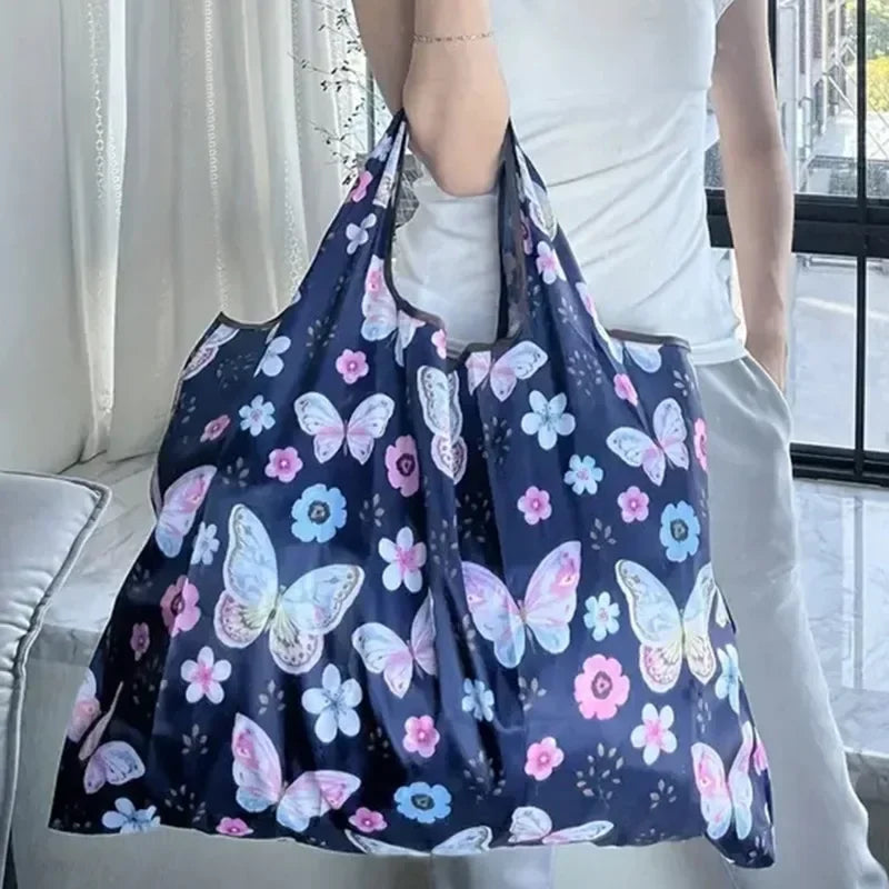 Portable Folding Shopping Bag Butterfly Flower Printing Grocery