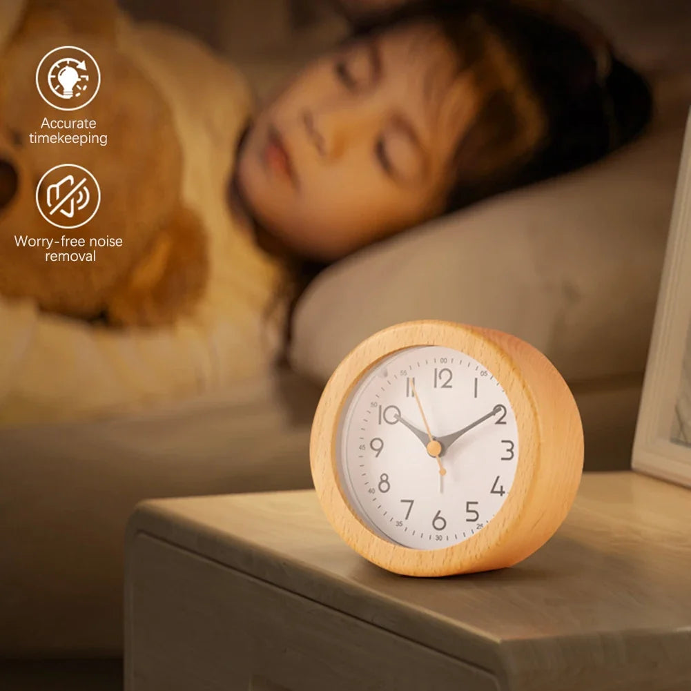 Minimalist Solid Wood Analog Alarm Clock with Night Light