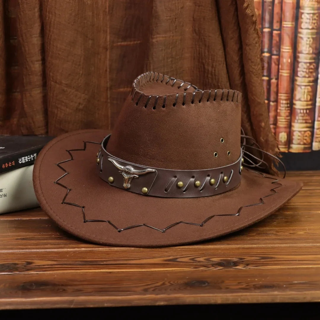 Vintage Brown Faux Suede Western Cowboy Hat Bull Skull Arrow Stitch
