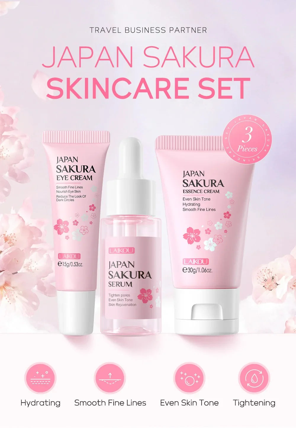 LAIKOU Sakura 3-Piece Skin Care Set – Serum, Eye Cream & Cream