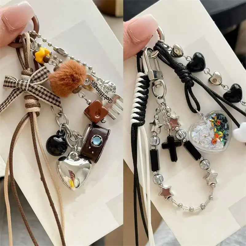 Braided Rope Bow Bead Fluffy Ball Keychain Charm | Girls Gift
