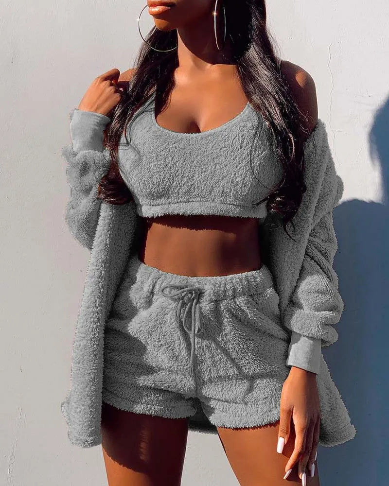 Women's 3-Piece Velvet Fleece Pajamas Set – Crop Top Shorts Coat