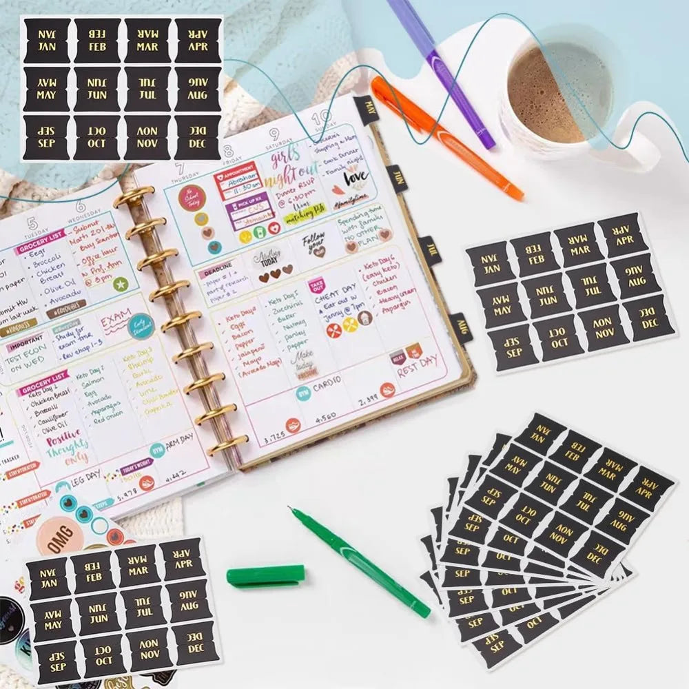 Monthly Planner Stickers Black & Gold – 120pc Self-Adhesive Labels