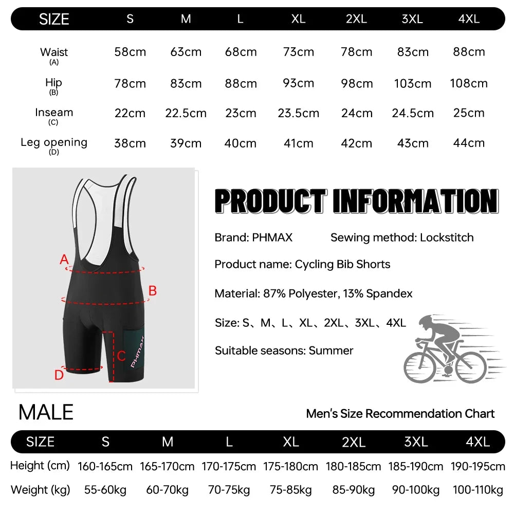 PHMAX Men's Cycling Bib Shorts | 5D Silicone Gel Pad, Breathable