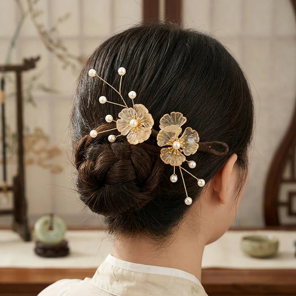 Vintage Gradient Glass Flower Hairpin for Hanfu | Hair Accessory