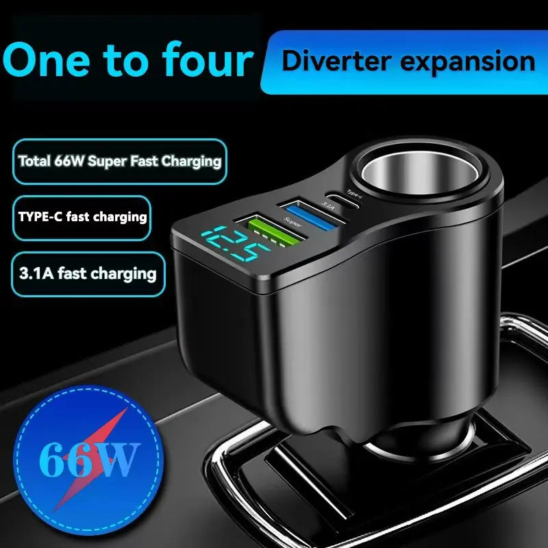 4-Port USB Car Charger 60W Fast Charging & Voltage Display