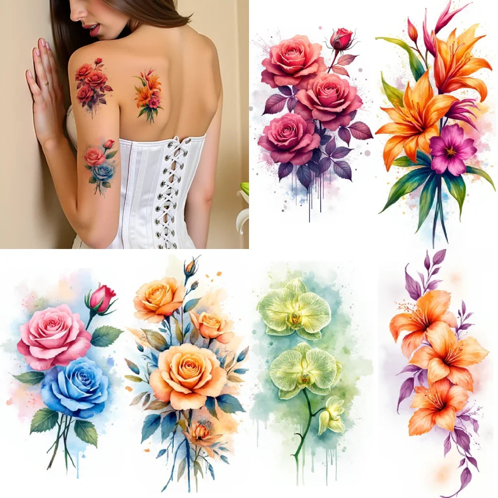 9pcs Floral Temporary Tattoos – Waterproof Botanical Stickers