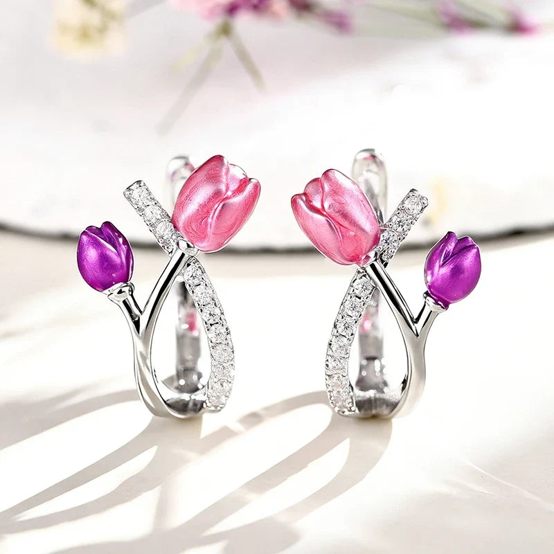 Huitan Pink Purple Tulip Hoop Earrings – CZ Flower Jewelry