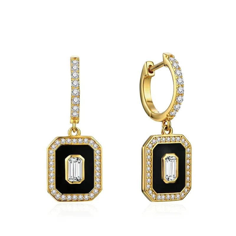 Huitan Gold Hoop Drop Earrings – Black Enamel & Cubic Zirconia