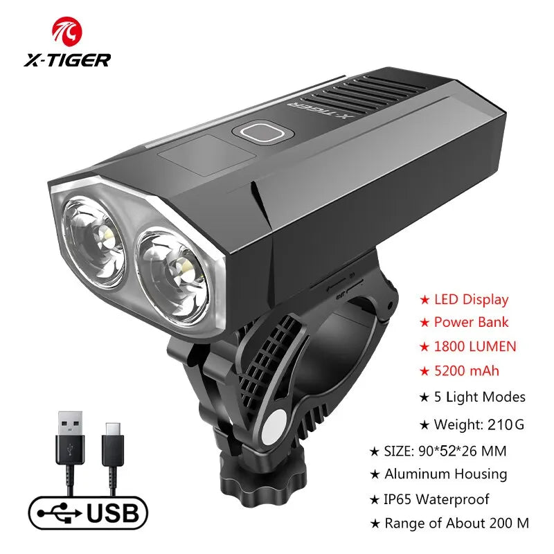 X-Tiger 1800 Lumen Bike Headlight – 5200mAh Rechargeable LED