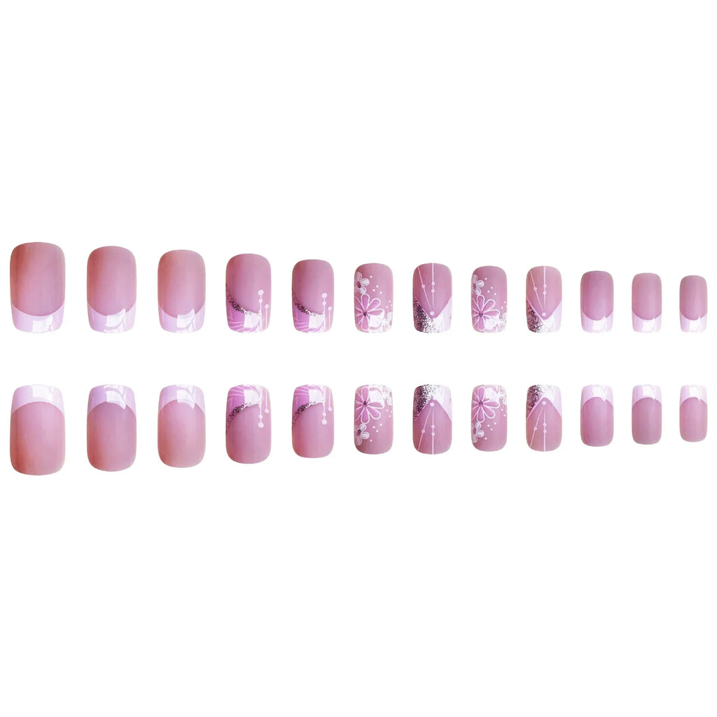 24pcs French Pink Flower Short Coffin Press On Nails | Nude Pink