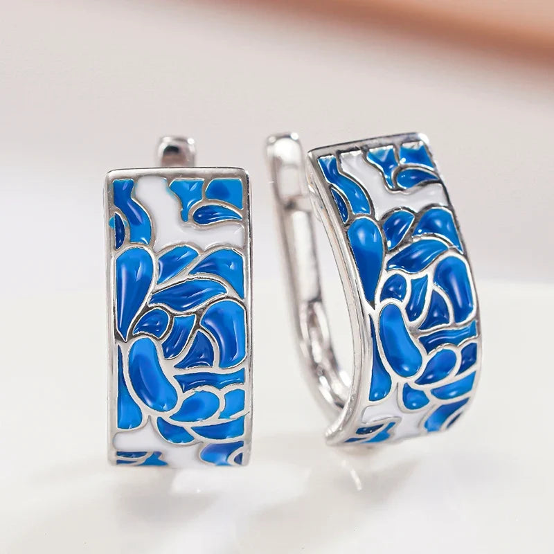 Huitan Blue Flower Hoop Earrings – Women's Silver Jewelry