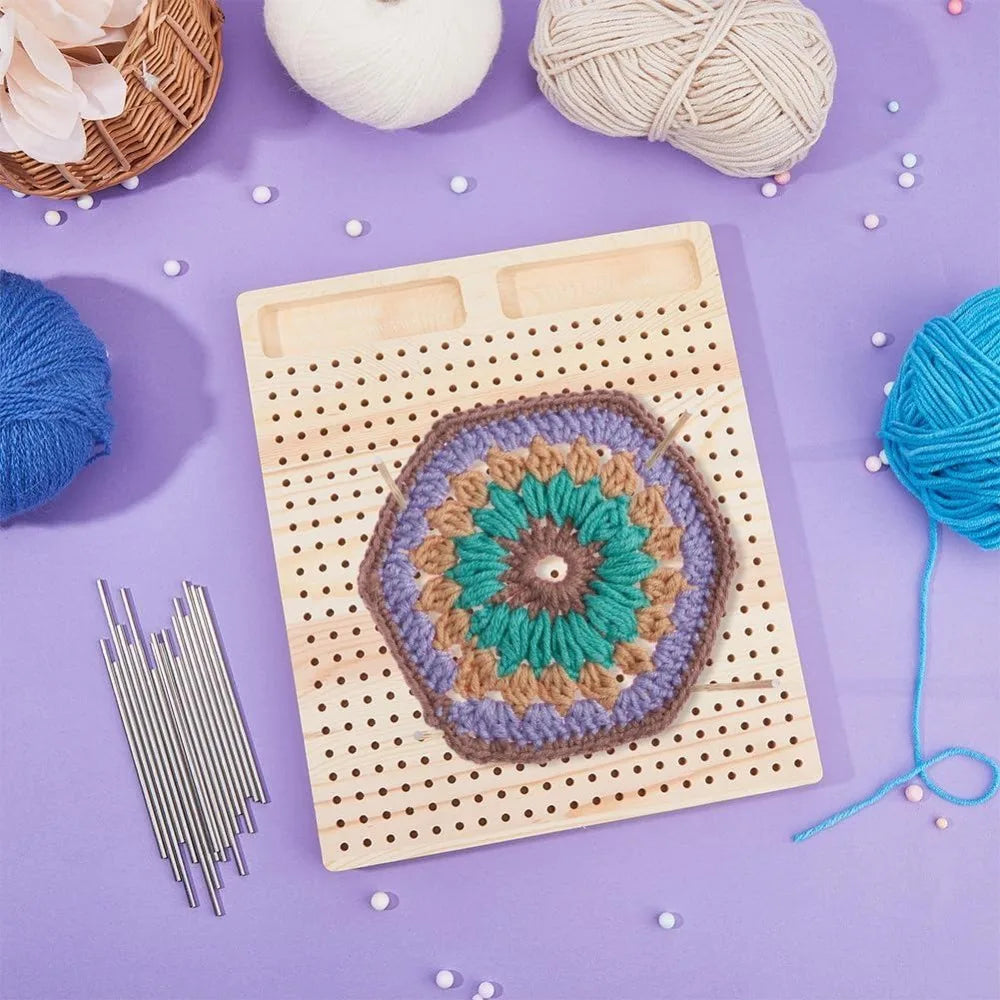 Wooden Crochet Blocking Board with 30 Steel Rod Pins – 11×10 in