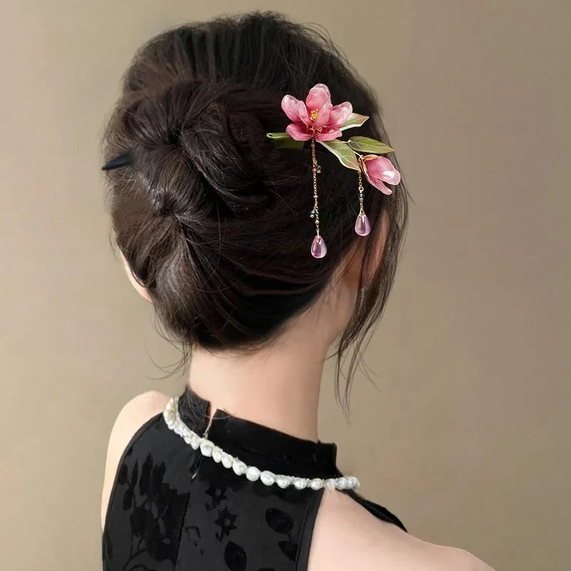 Chinese Floral Hair Stick – Pink Flower Tassel Hanfu Hairpin