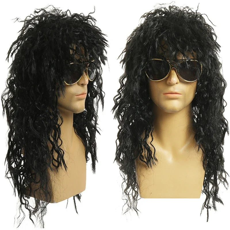Men's Long Curly Black Wig – Fluffy Synthetic Cosplay Party Wig