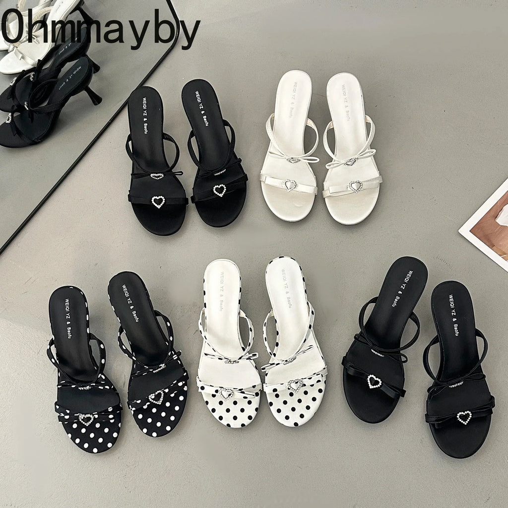 Rhinestone Kitten Heel Slippers – Polka Dot Women's Slides