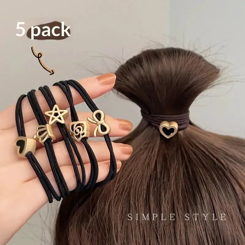Alloy Charm Elastic Hair Ties 5/10 Pcs – Heart Flower Pentagram