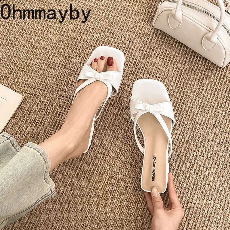Women's Butterfly-Knot Square Toe Low Heel Mule Slides