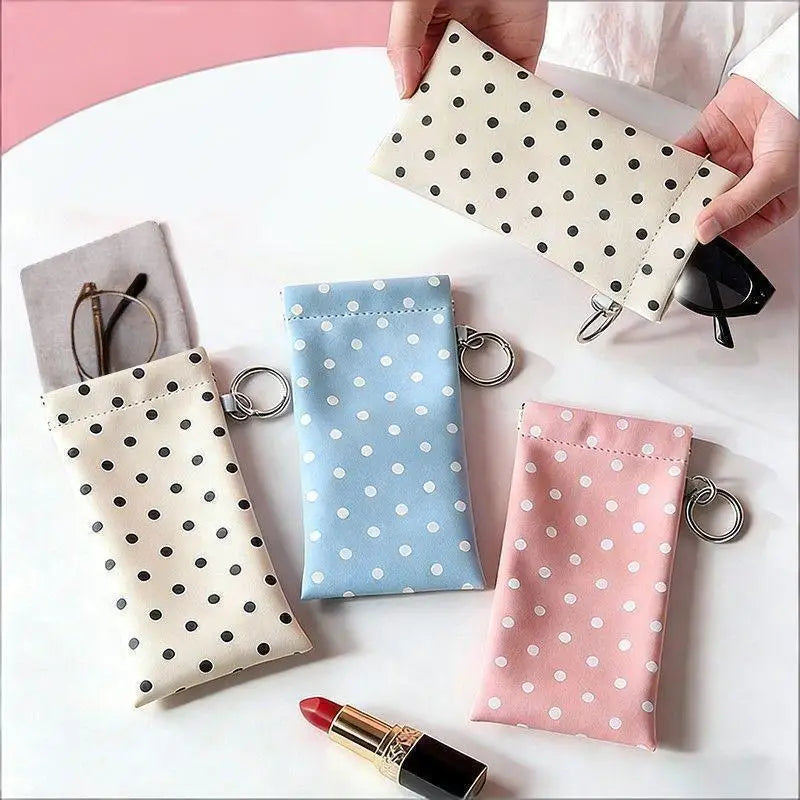 Polka Dot PU Leather Eyeglass Pouch with Keychain | Soft Case