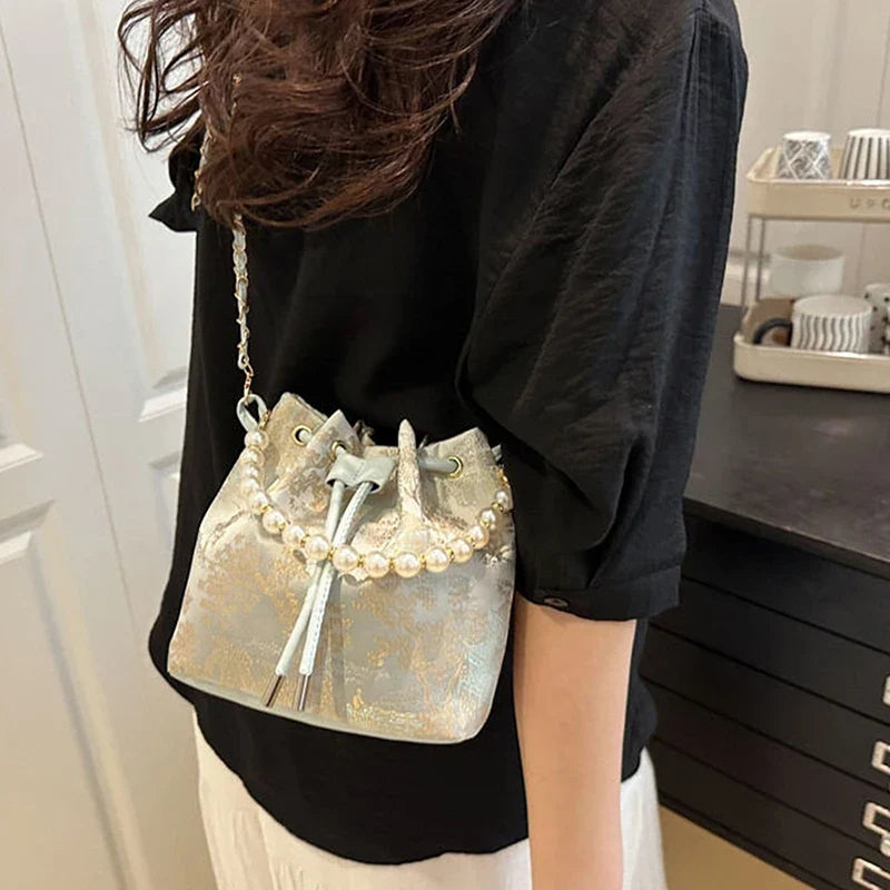 Pearl Chain Bucket Bag – Retro Chinese Style Crossbody