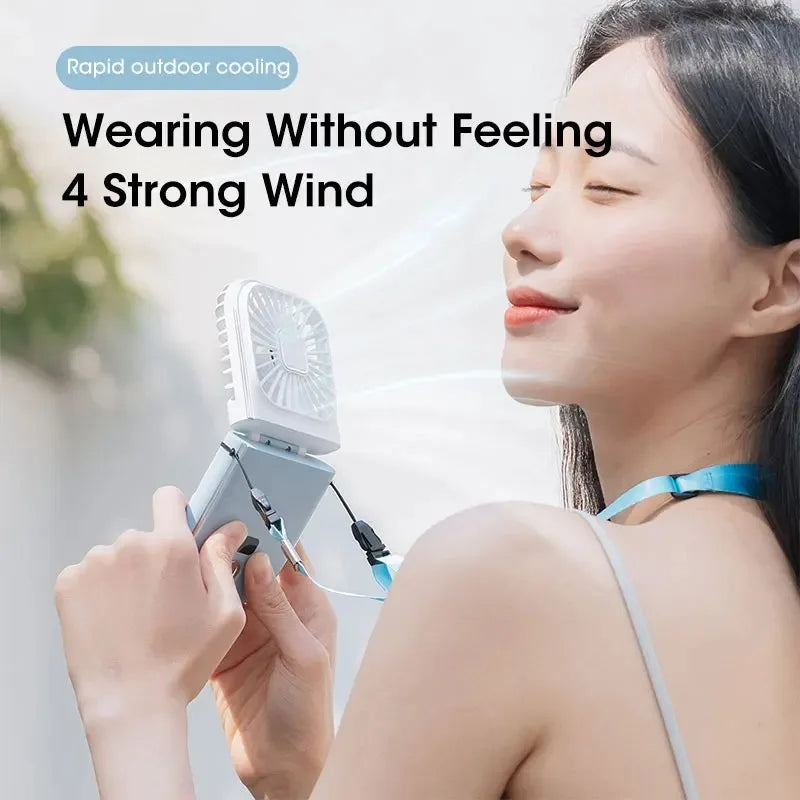 Portable Neck Fan USB Rechargeable Foldable with Power Bank & Holder