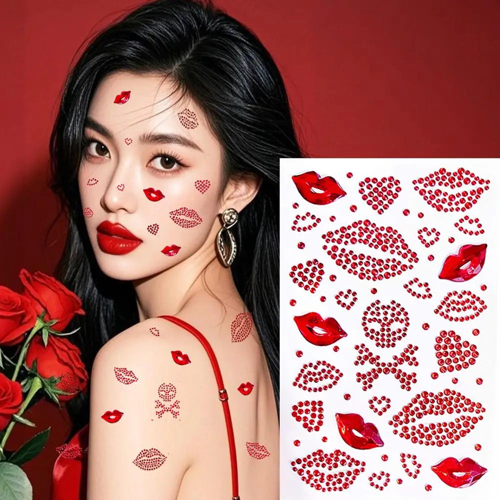 Rhinestone Heart & Lips Face Gems – Glitter Body Stickers