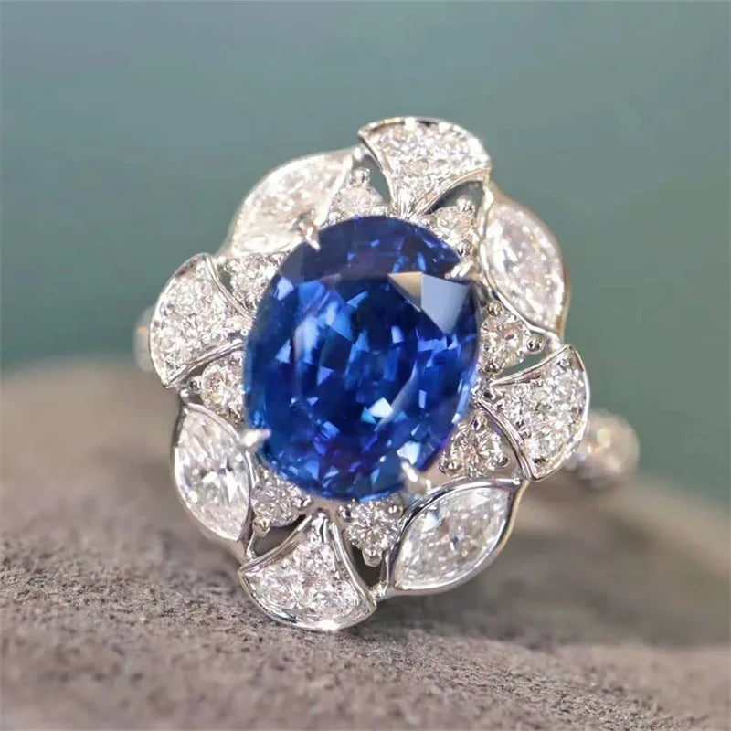 Huitan Oval Blue Cubic Zirconia Ring – Women's Elegant Band