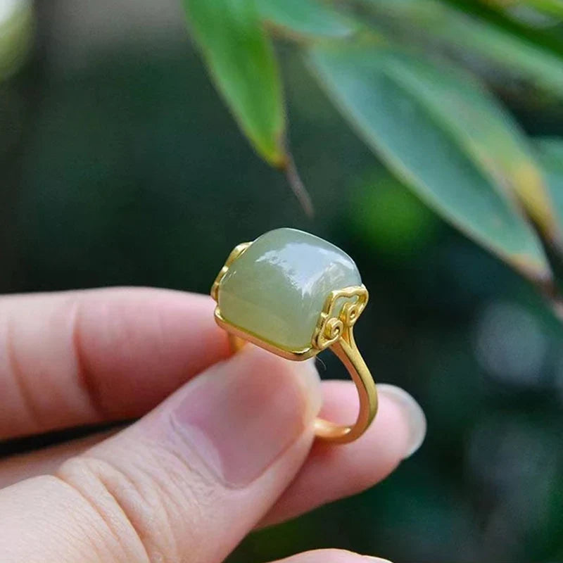 Vintage Auspicious Clouds Imitation Jade Adjustable Ring Women
