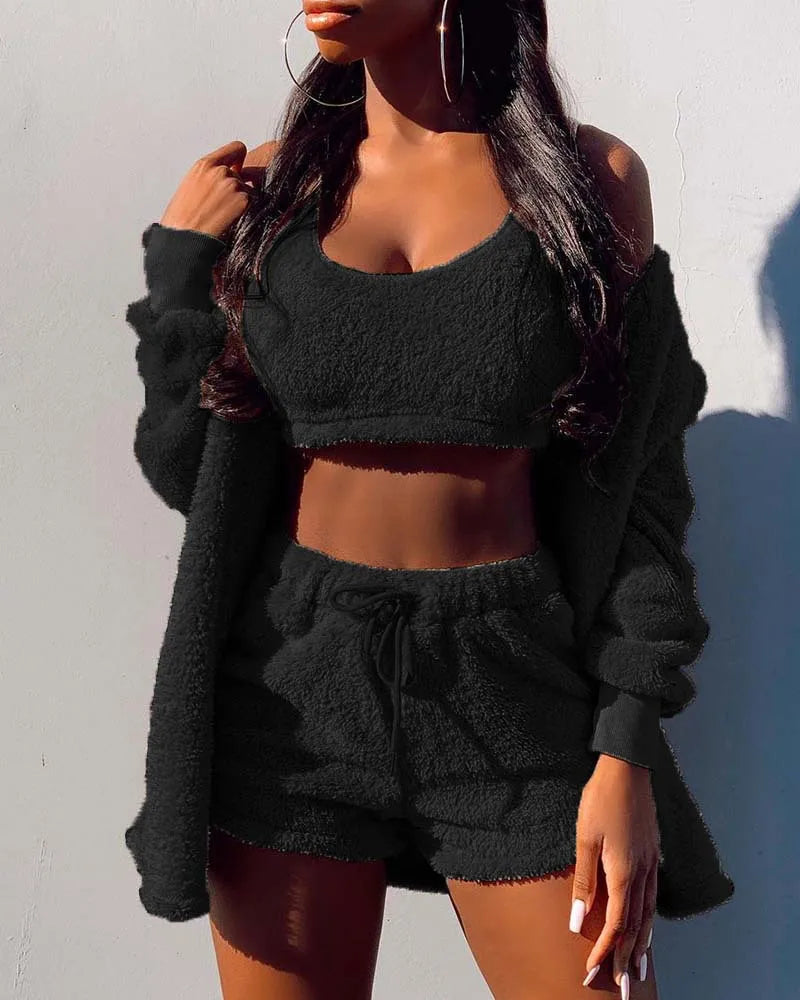Women's 3-Piece Velvet Fleece Pajamas Set – Crop Top Shorts Coat