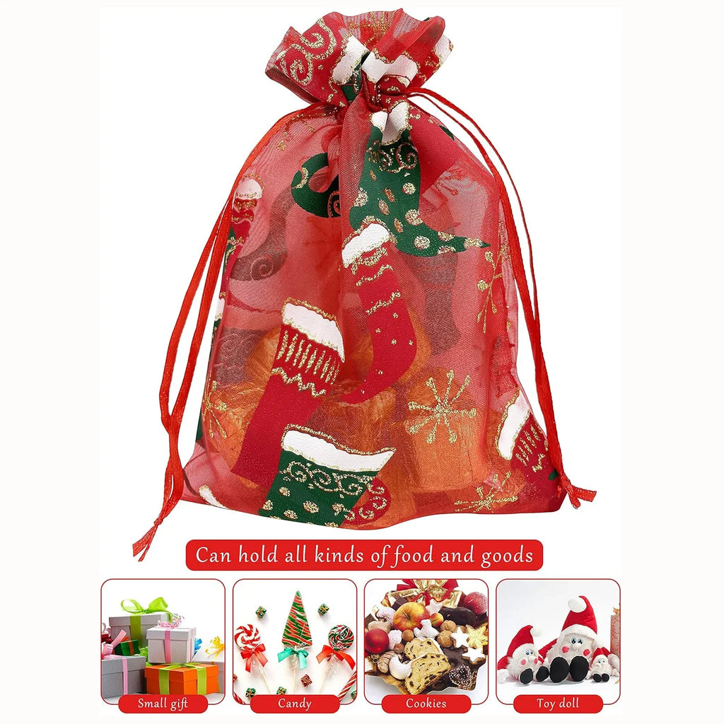 Christmas Drawstring Mesh Gift Bags | Organza Set 3 or 5 Pcs
