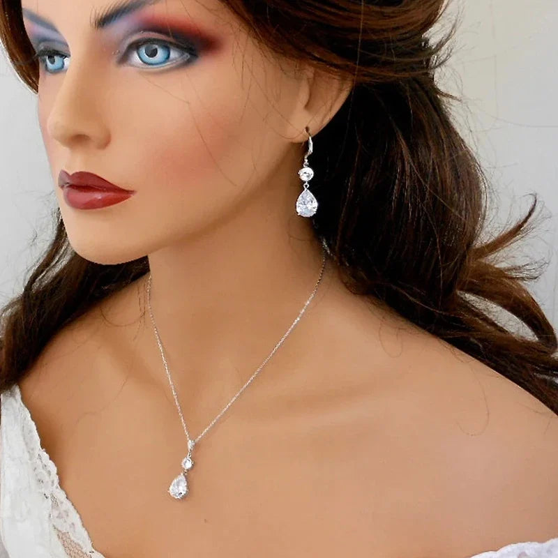 Huitan Waterdrop CZ Drop Earrings – Silver Tone Wedding Party