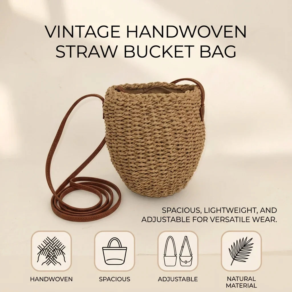 Handwoven Straw Bucket Bag – Vintage Wicker Crossbody for Women