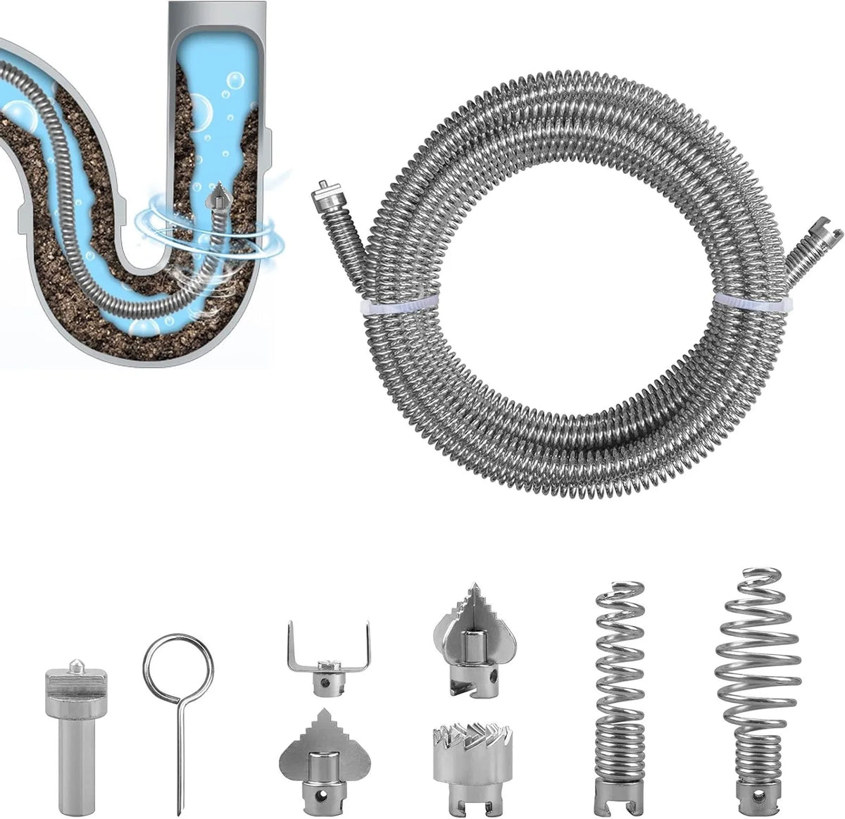 Pipe Cleaning Spiral 6 Cutting Heads | 3M Steel Drain Auger